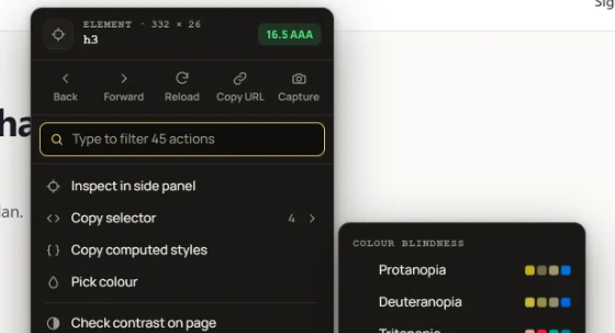The redesigned right-click menu naming the clicked element and opening a colour-vision submenu.
