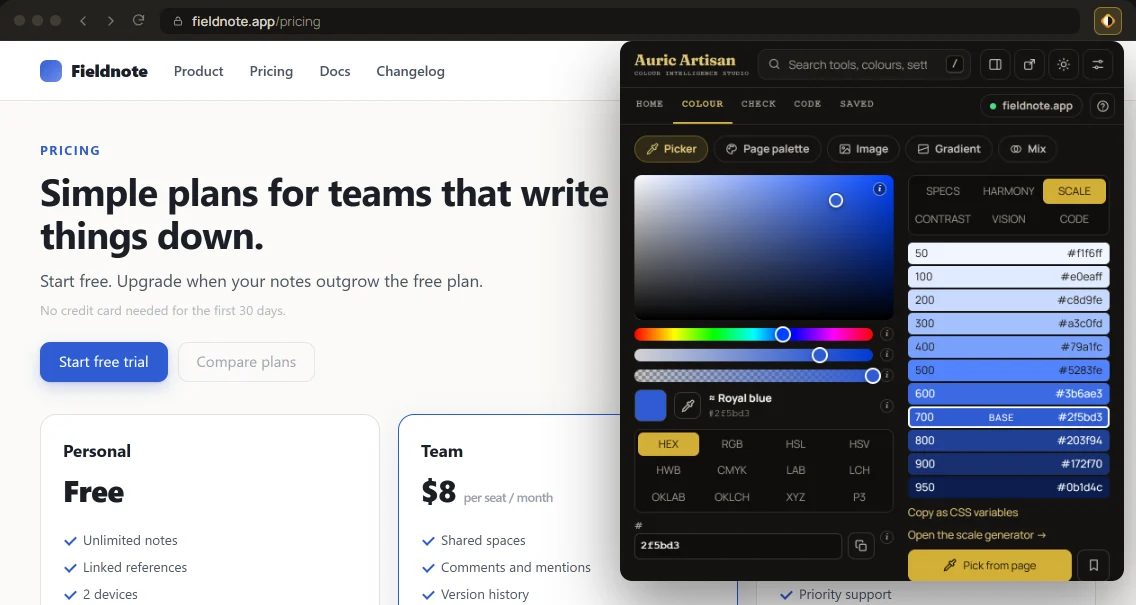The redesigned Picker showing a selected colour, twelve formats and an OKLCH tonal scale.