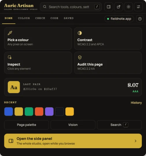 The popup's Home space: search, the five spaces, four action tiles, the last pair checked and recent colours.