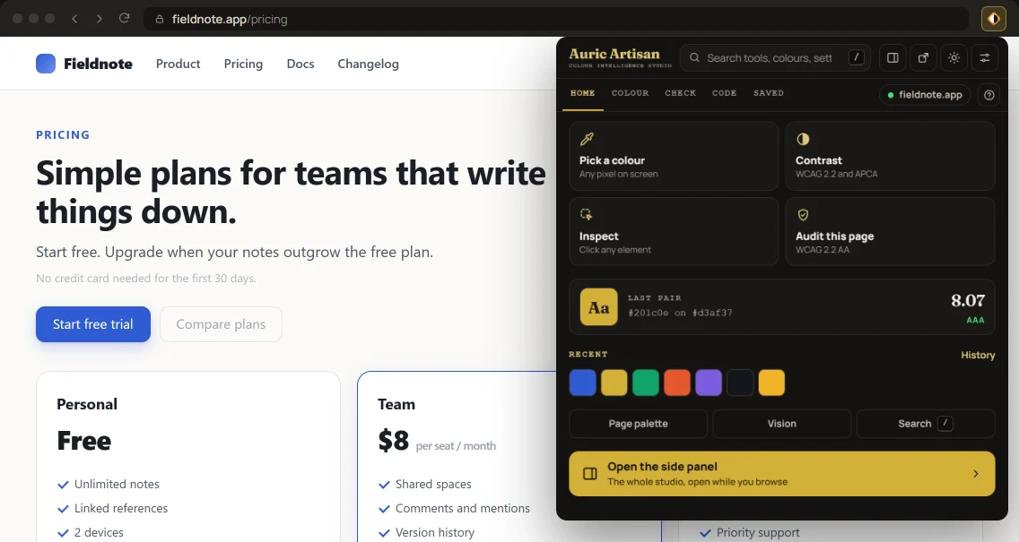 Auric Artisan 1.0.2 open over a web page, showing the new Home workspace, page actions, recent colours and side-panel shortcut.