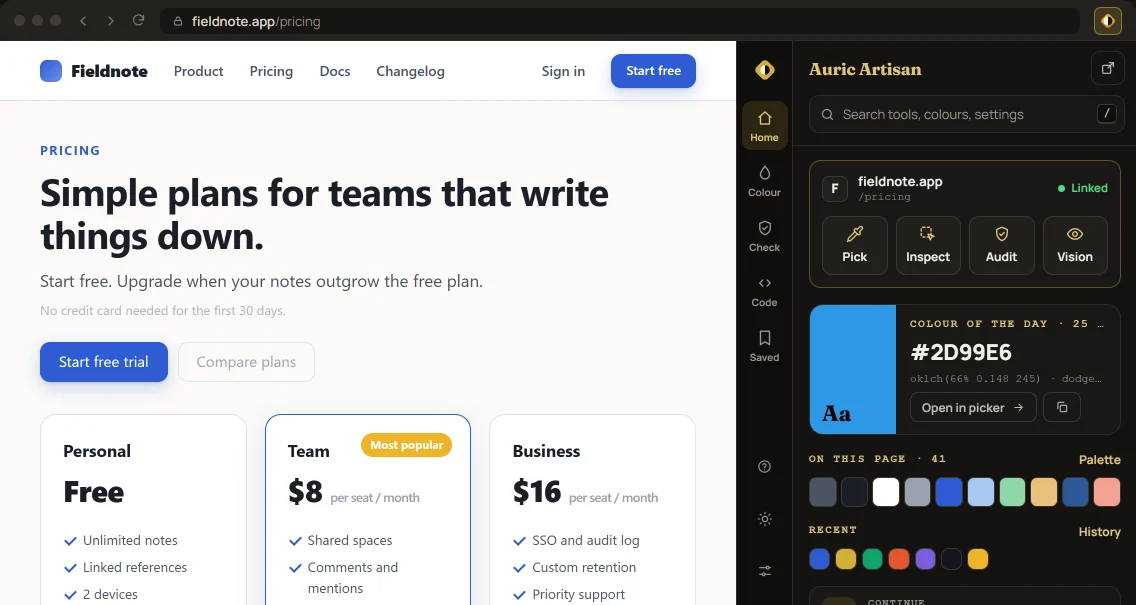 The Auric Studio side panel docked beside a web page with page actions, colour of the day and palettes.