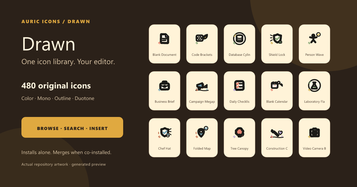Auric Icons: Drawn — warm hand-drawn icons with organic geometry shown in a grid