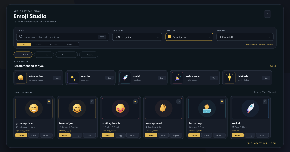 Auric Artisan Emoji — the Emoji Studio open in VS Code, showing a searchable grid of emoji with category and skin-tone controls