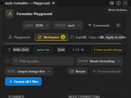 The Auric Formatter Playground on its Workspace tab: path and change filters, a Format all 2 files button and scan totals