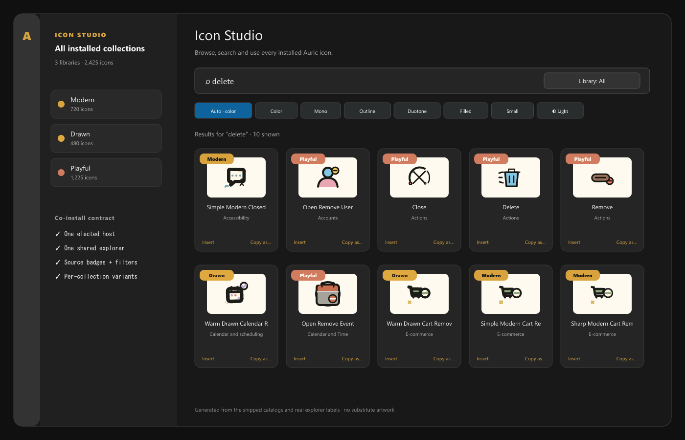 One merged Icon Studio panel in VS Code showing Modern, Drawn and Playful icons together with source badges and a Library filter