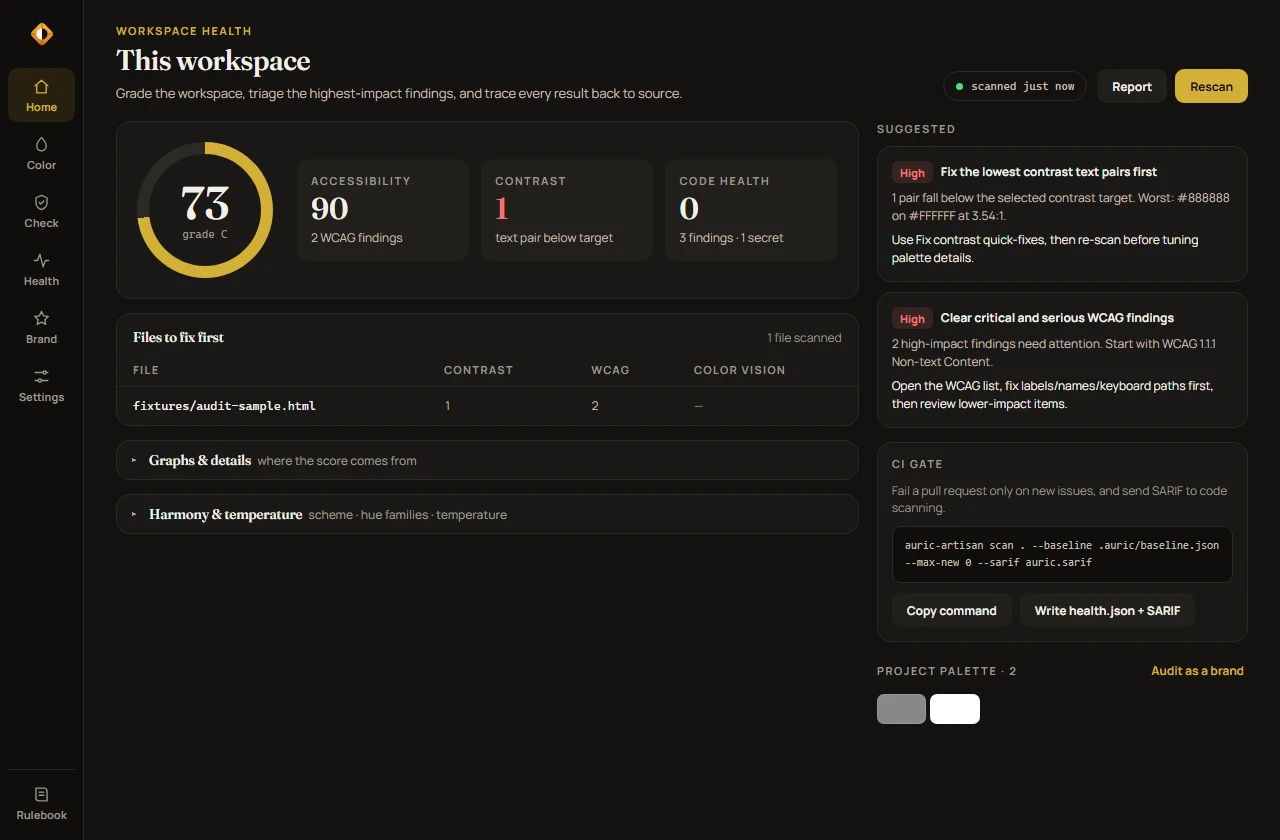 The Auric Artisan Studio home in VS Code: a workspace grade ring beside accessibility, contrast and code-health scores, with suggested fixes and a CI gate