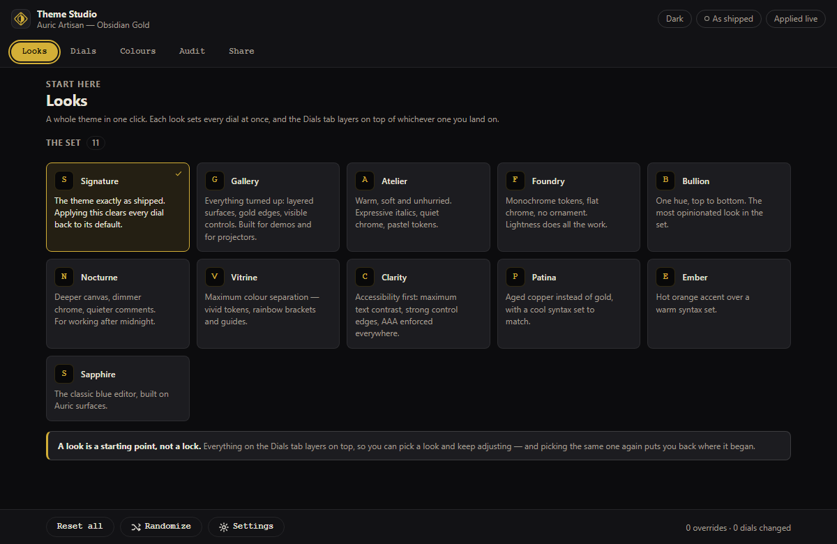 The Looks tab of the Auric Theme Studio with eleven named presets