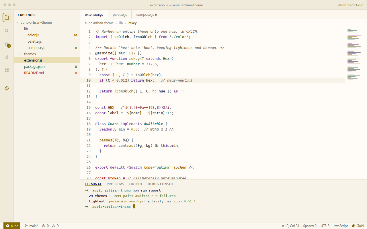 VS Code in the Parchment Gold theme